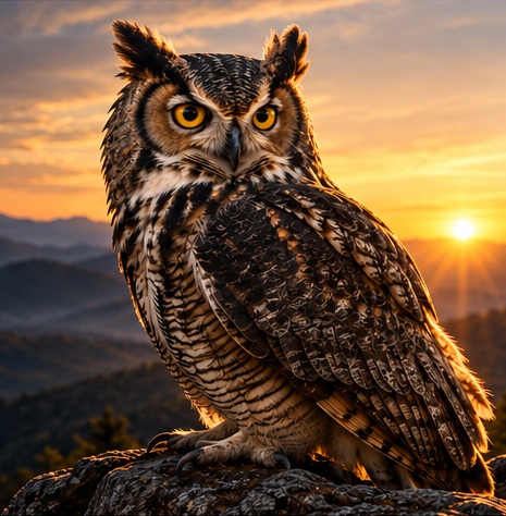 Great horned owl overlooking mountains at sunrise